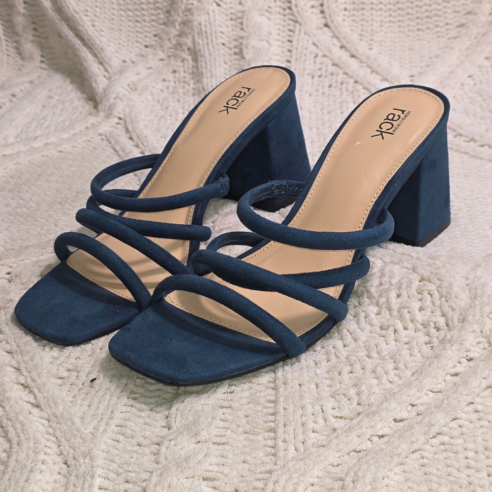 Nordstrom Paulina Block‎ Heel Mule Deep Teal Green Strappy Sandals Women 7M NEW